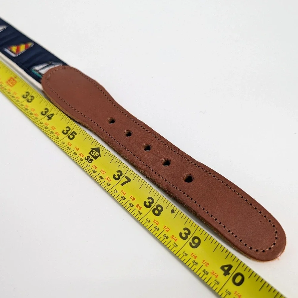 Sailboat Embroidered Nautical Nantucket Surcingle Belt Navy‎ Cream Leather 35